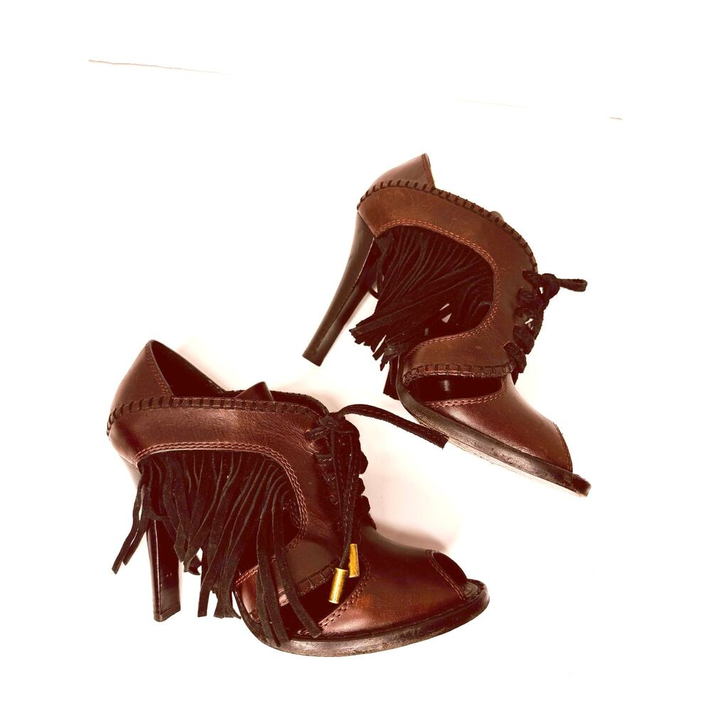 Louis Vuitton Dakota Burgundy Leather Fringe Peep Toe Heels Women Size EU 37 - Picture 9 of 14